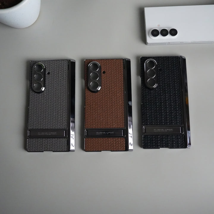 Galaxy Z Fold 7 PU Weave Leather Chrome Kick Stand Back Cover | Front Glass Protection