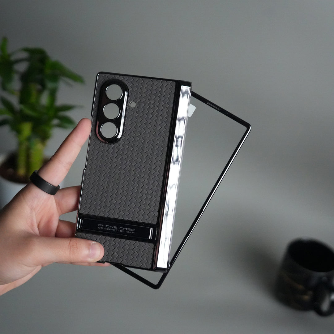 Galaxy Z Fold 7 PU Weave Leather Chrome Kick Stand Back Cover | Front Glass Protection