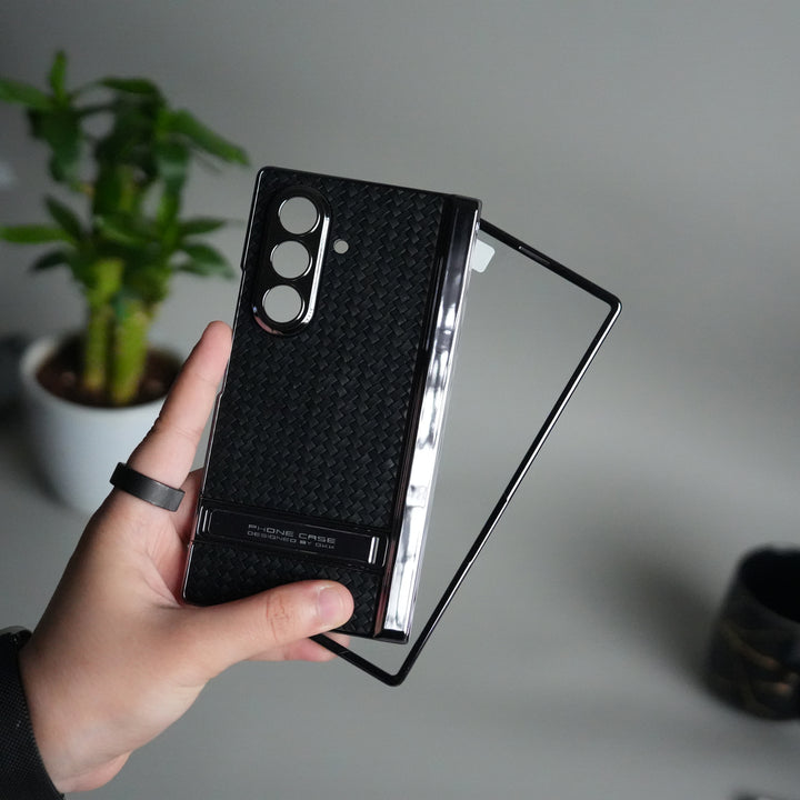 Galaxy Z Fold 7 PU Weave Leather Chrome Kick Stand Back Cover | Front Glass Protection