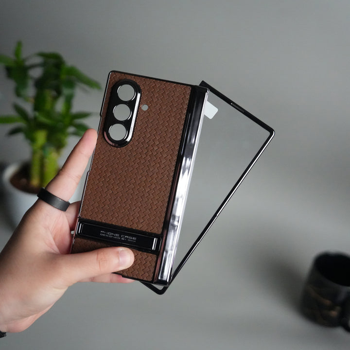 Galaxy Z Fold 7 PU Weave Leather Chrome Kick Stand Back Cover | Front Glass Protection