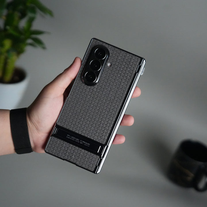 Galaxy Z Fold 7 PU Weave Leather Chrome Kick Stand Back Cover | Front Glass Protection