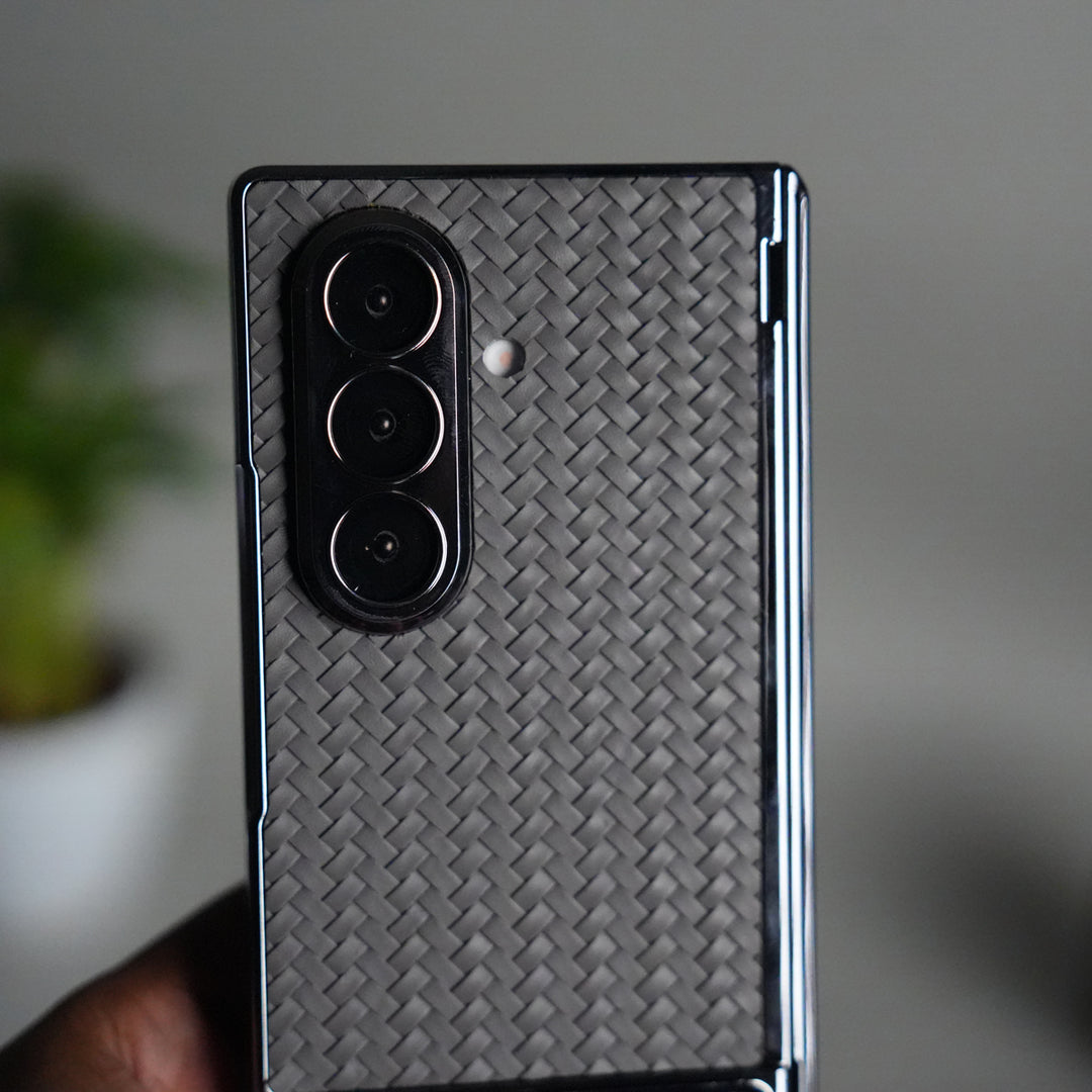Galaxy Z Fold 7 PU Weave Leather Chrome Kick Stand Back Cover | Front Glass Protection