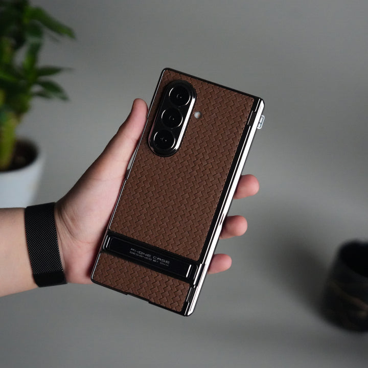 Galaxy Z Fold 7 PU Weave Leather Chrome Kick Stand Back Cover | Front Glass Protection
