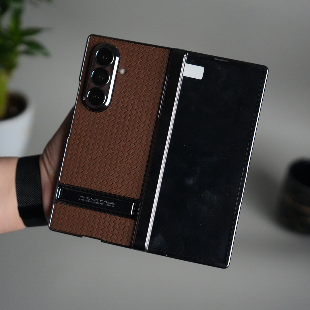 Galaxy Z Fold 7 PU Weave Leather Chrome Kick Stand Back Cover | Front Glass Protection