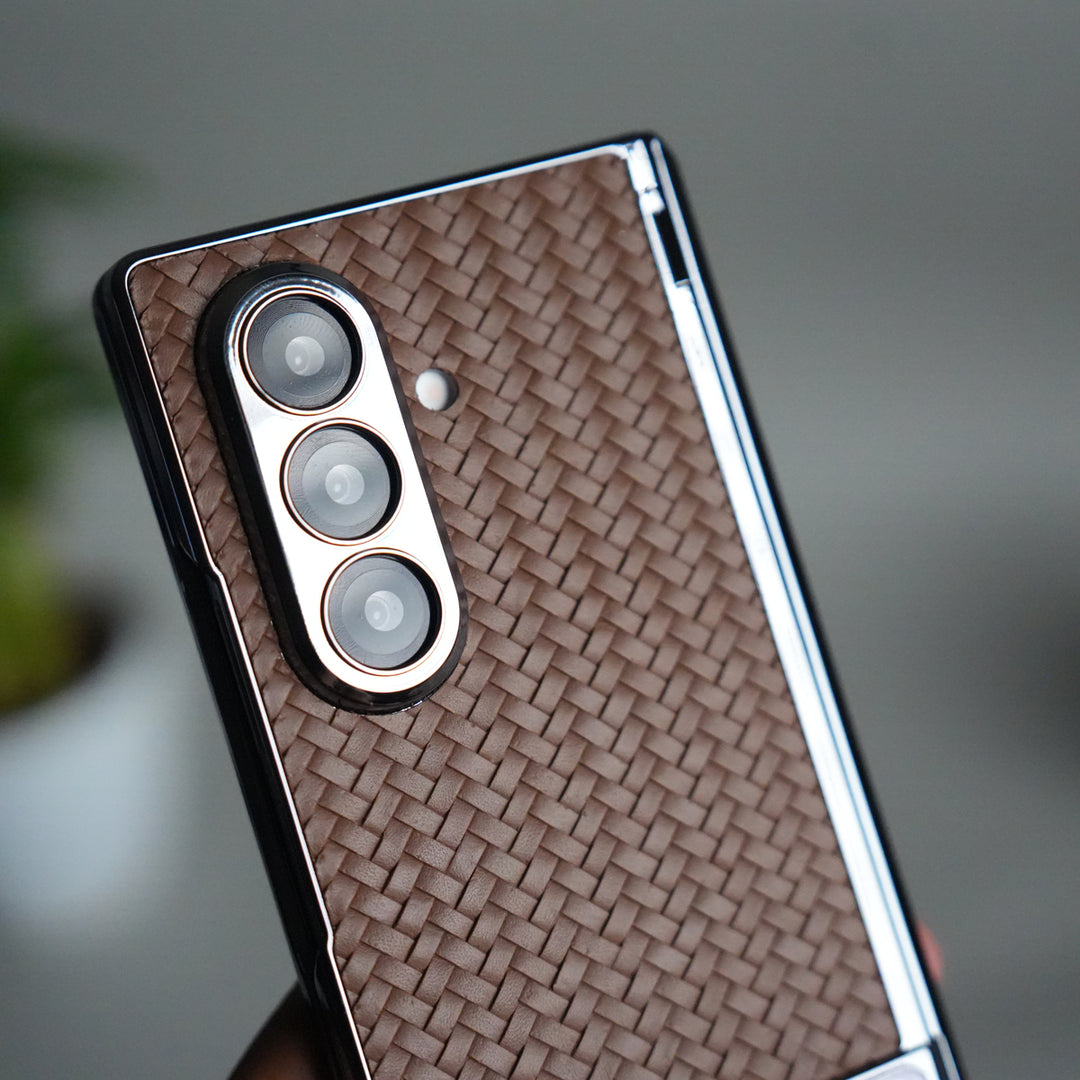 Galaxy Z Fold 7 PU Weave Leather Chrome Kick Stand Back Cover | Front Glass Protection