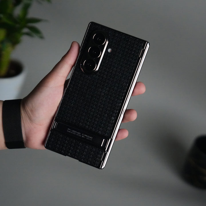Galaxy Z Fold 7 PU Weave Leather Chrome Kick Stand Back Cover | Front Glass Protection