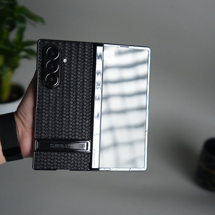 Galaxy Z Fold 7 PU Weave Leather Chrome Kick Stand Back Cover | Front Glass Protection