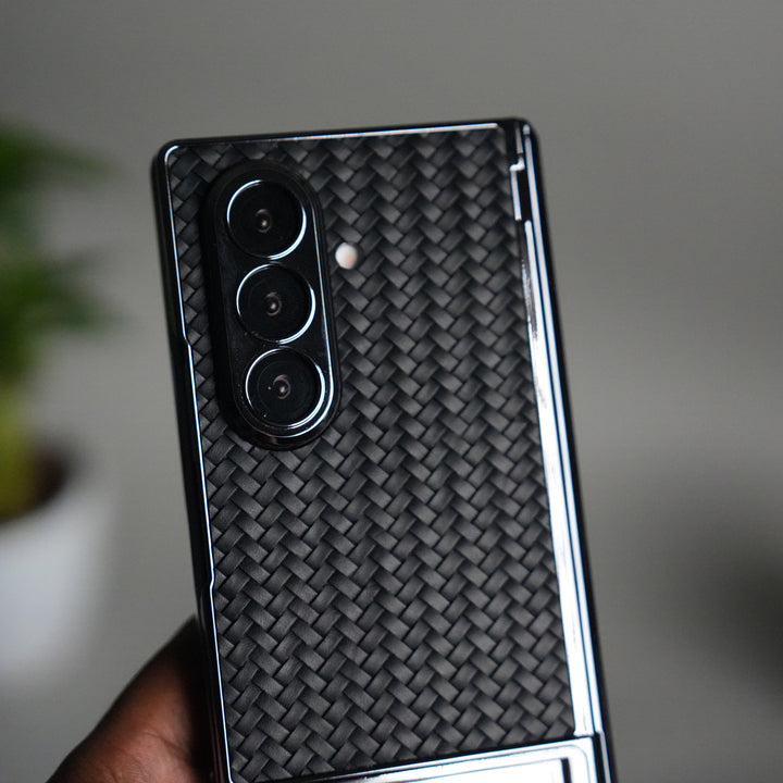 Galaxy Z Fold 7 PU Weave Leather Chrome Kick Stand Back Cover | Front Glass Protection