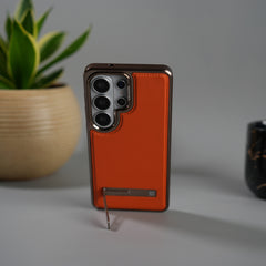 Galaxy S26 Ultra Leather Mate Chrome Plated Kick Stand Case Cover