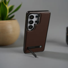 Galaxy S26 Ultra Leather Mate Chrome Plated Kick Stand Case Cover