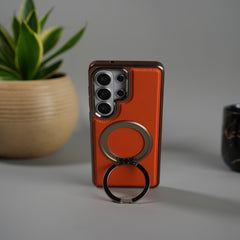 Galaxy S26 Ultra Leather Mate Chrome Plated Rotating Stand Case Cover