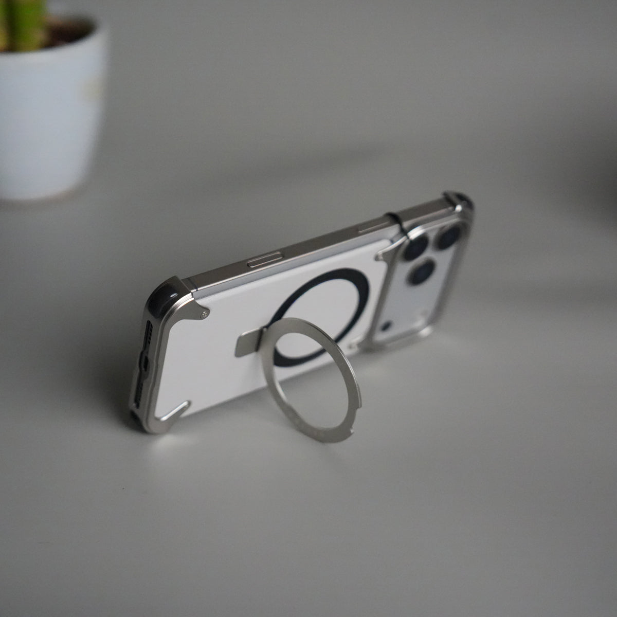 iPhone 17 Pro Max Leather Frameless Metal Kickstand Case