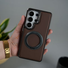 Galaxy S26 Ultra Leather Mate Chrome Plated Rotating Stand Case Cover