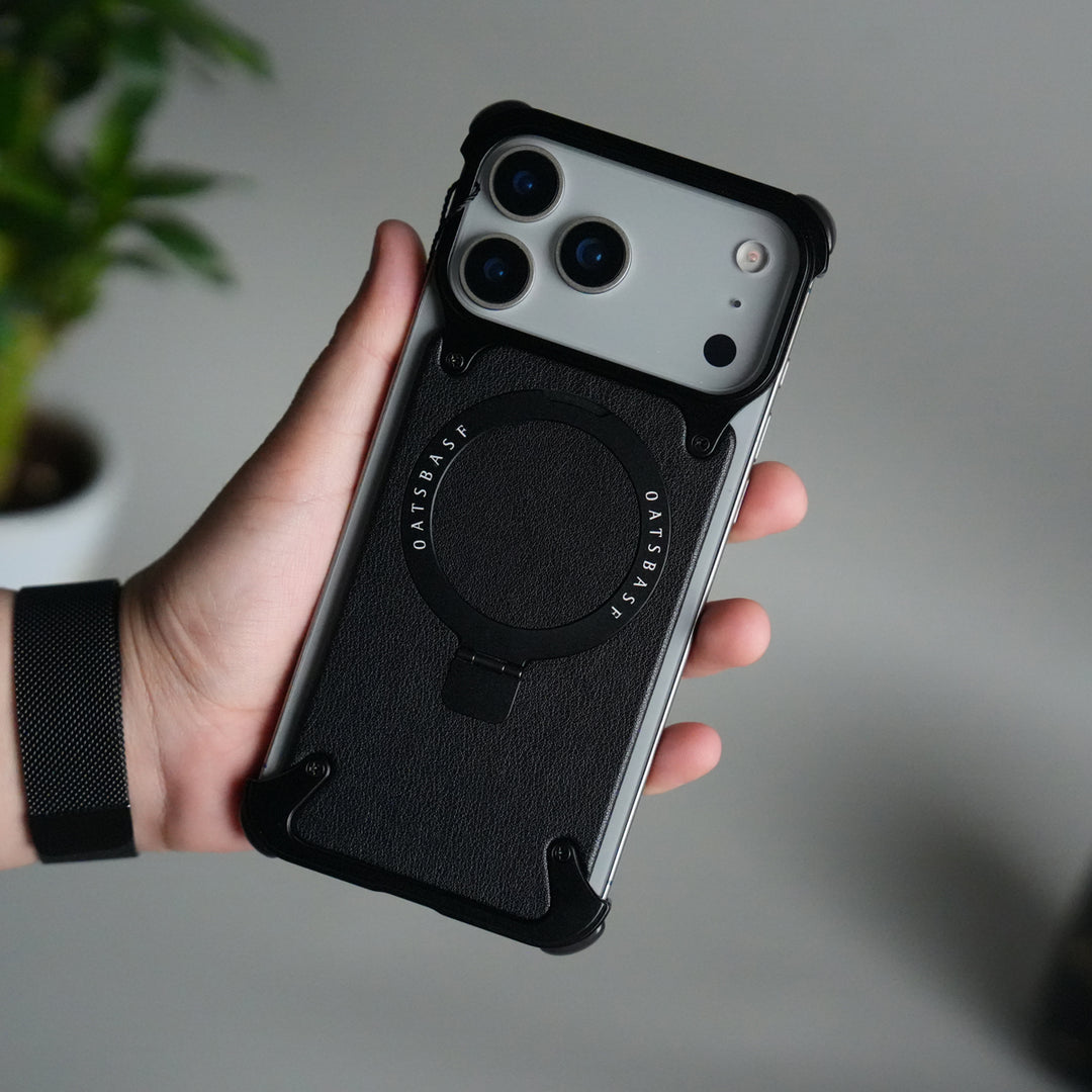 iPhone 17 Pro Max Leather Frameless Metal Kickstand Case