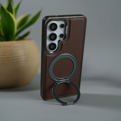 Galaxy S26 Ultra Leather Mate Chrome Plated Rotating Stand Case Cover