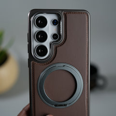 Galaxy S26 Ultra Leather Mate Chrome Plated Rotating Stand Case Cover