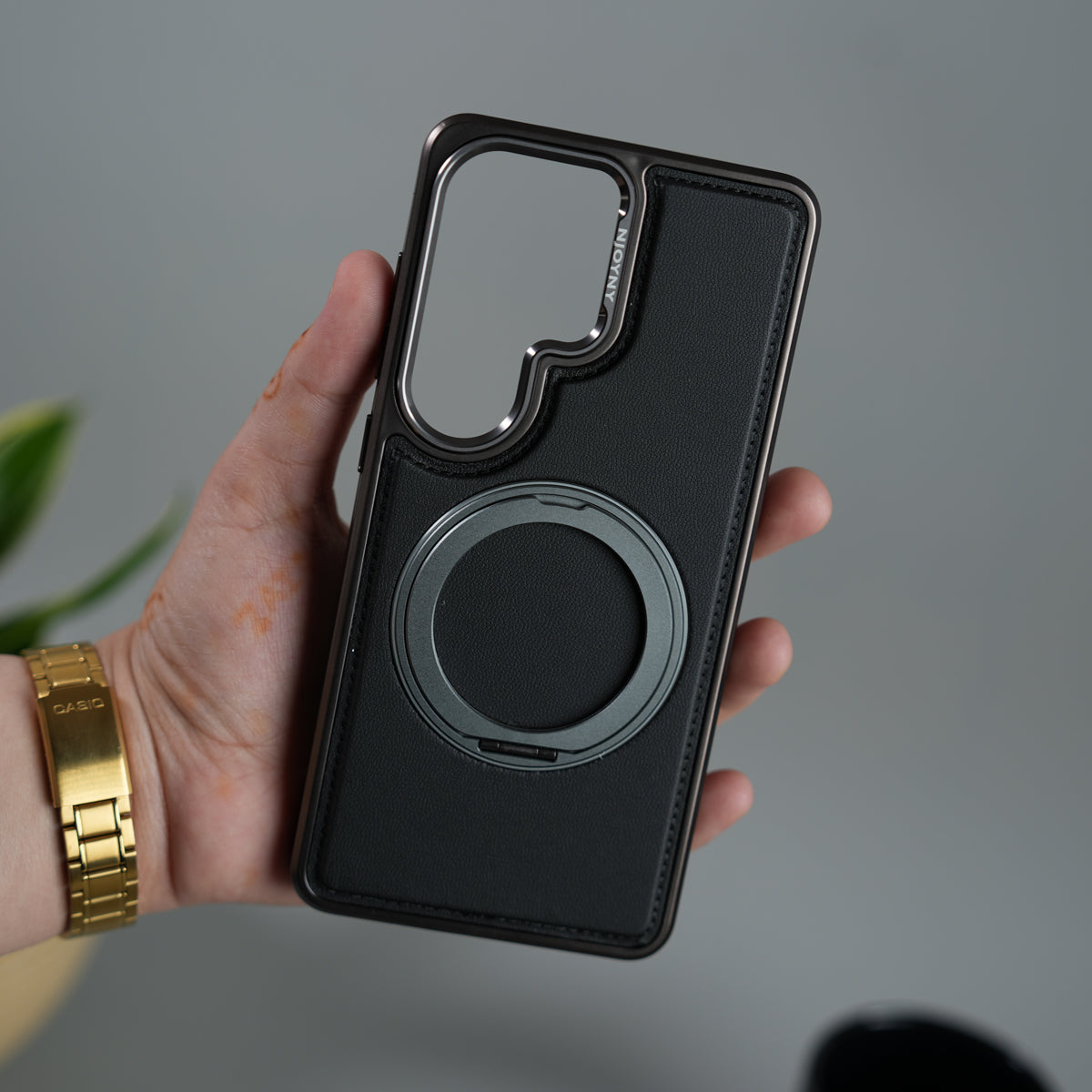Galaxy S26 Ultra Leather Mate Chrome Plated Rotating Stand Case Cover