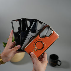 Galaxy S26 Ultra PU Leather Chrome Side Case With Ring Metal Stand