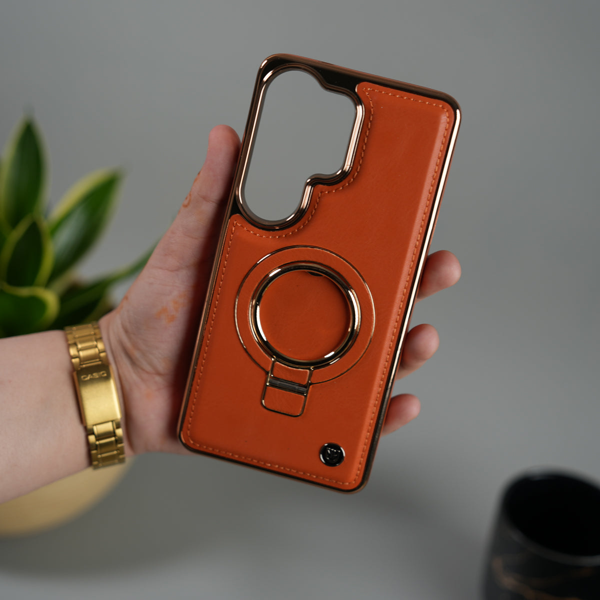 Galaxy S26 Ultra PU Leather Chrome Side Case With Ring Metal Stand
