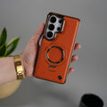 Galaxy S26 Ultra PU Leather Chrome Side Case With Ring Metal Stand