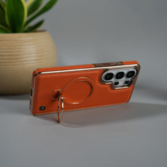 Galaxy S26 Ultra PU Leather Chrome Side Case With Ring Metal Stand