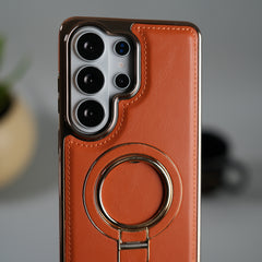 Galaxy S26 Ultra PU Leather Chrome Side Case With Ring Metal Stand