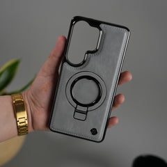 Galaxy S26 Ultra PU Leather Chrome Side Case With Ring Metal Stand