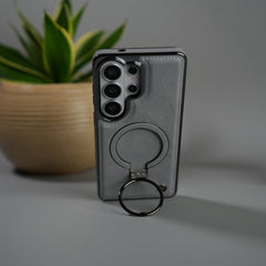 Galaxy S26 Ultra PU Leather Chrome Side Case With Ring Metal Stand