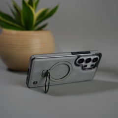 Galaxy S26 Ultra PU Leather Chrome Side Case With Ring Metal Stand