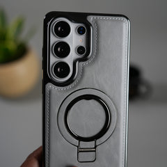 Galaxy S26 Ultra PU Leather Chrome Side Case With Ring Metal Stand