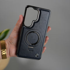 Galaxy S26 Ultra PU Leather Chrome Side Case With Ring Metal Stand