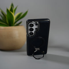 Galaxy S26 Ultra PU Leather Chrome Side Case With Ring Metal Stand