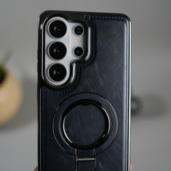 Galaxy S26 Ultra PU Leather Chrome Side Case With Ring Metal Stand