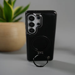 Galaxy S26 Ultra PU Leather Chrome Side Case With Ring Metal Stand