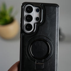 Galaxy S26 Ultra PU Leather Chrome Side Case With Ring Metal Stand