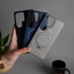 Galaxy S26 Ultra Leather Case | Luxury Metal Ring Stand Back Cover | Shockproof Protective Case