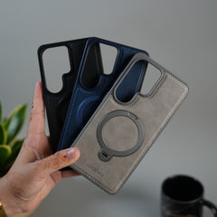Galaxy S26 Ultra Leather Case | Luxury Metal Ring Stand Back Cover | Shockproof Protective Case