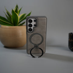 Galaxy S26 Ultra Leather Case | Luxury Metal Ring Stand Back Cover | Shockproof Protective Case