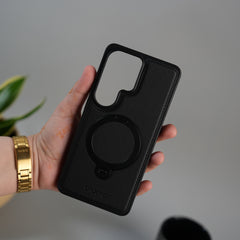 Galaxy S26 Ultra Leather Case | Luxury Metal Ring Stand Back Cover | Shockproof Protective Case