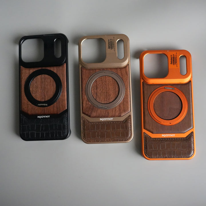 iPhone 17 Series Metallic Wood Leather AeroFLex Aluminium  Case With Rotating Stand