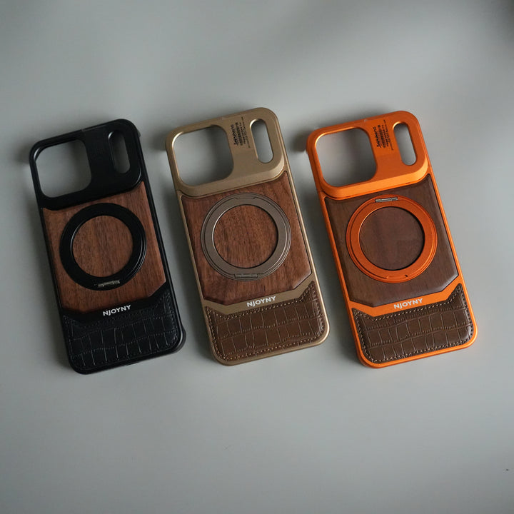 iPhone 17 Series Metallic Wood Leather AeroFLex Aluminium  Case With Rotating Stand
