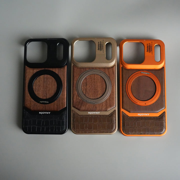 iPhone 17 Series Metallic Wood Leather AeroFLex Aluminium  Case With Rotating Stand