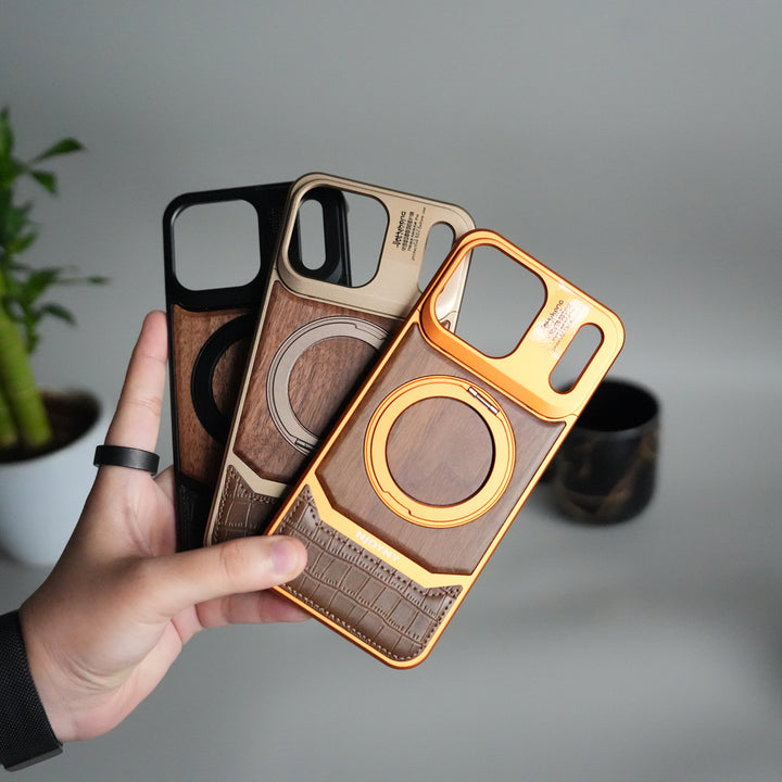iPhone 17 Series Metallic Wood Leather AeroFLex Aluminium  Case With Rotating Stand