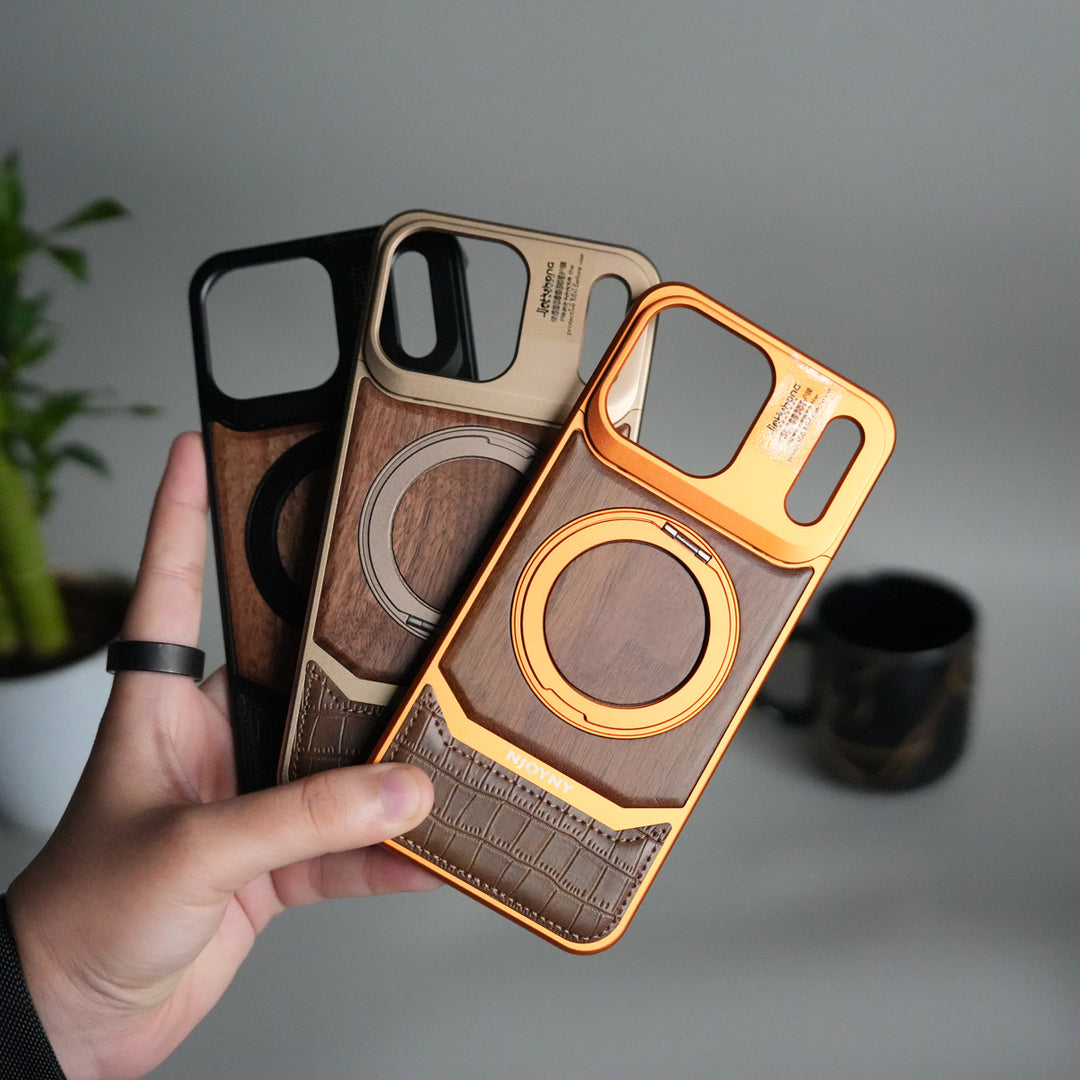 iPhone 17 Series Metallic Wood Leather AeroFLex Aluminium  Case With Rotating Stand