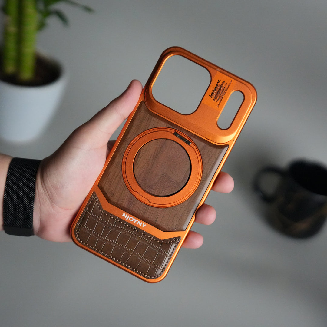 iPhone 17 Series Metallic Wood Leather AeroFLex Aluminium  Case With Rotating Stand
