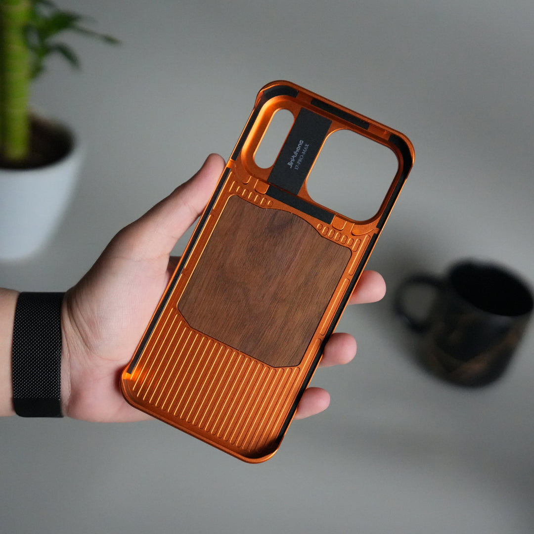 iPhone 17 Series Metallic Wood Leather AeroFLex Aluminium  Case With Rotating Stand