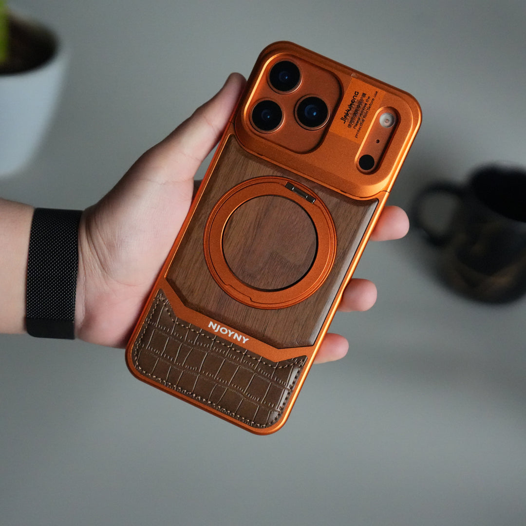 iPhone 17 Series Metallic Wood Leather AeroFLex Aluminium  Case With Rotating Stand