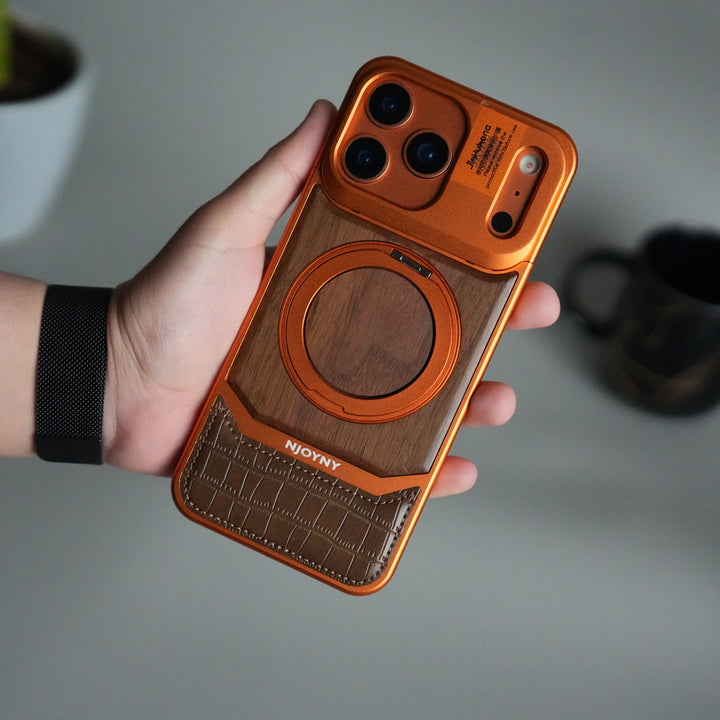 iPhone 17 Series Metallic Wood Leather AeroFLex Aluminium  Case With Rotating Stand