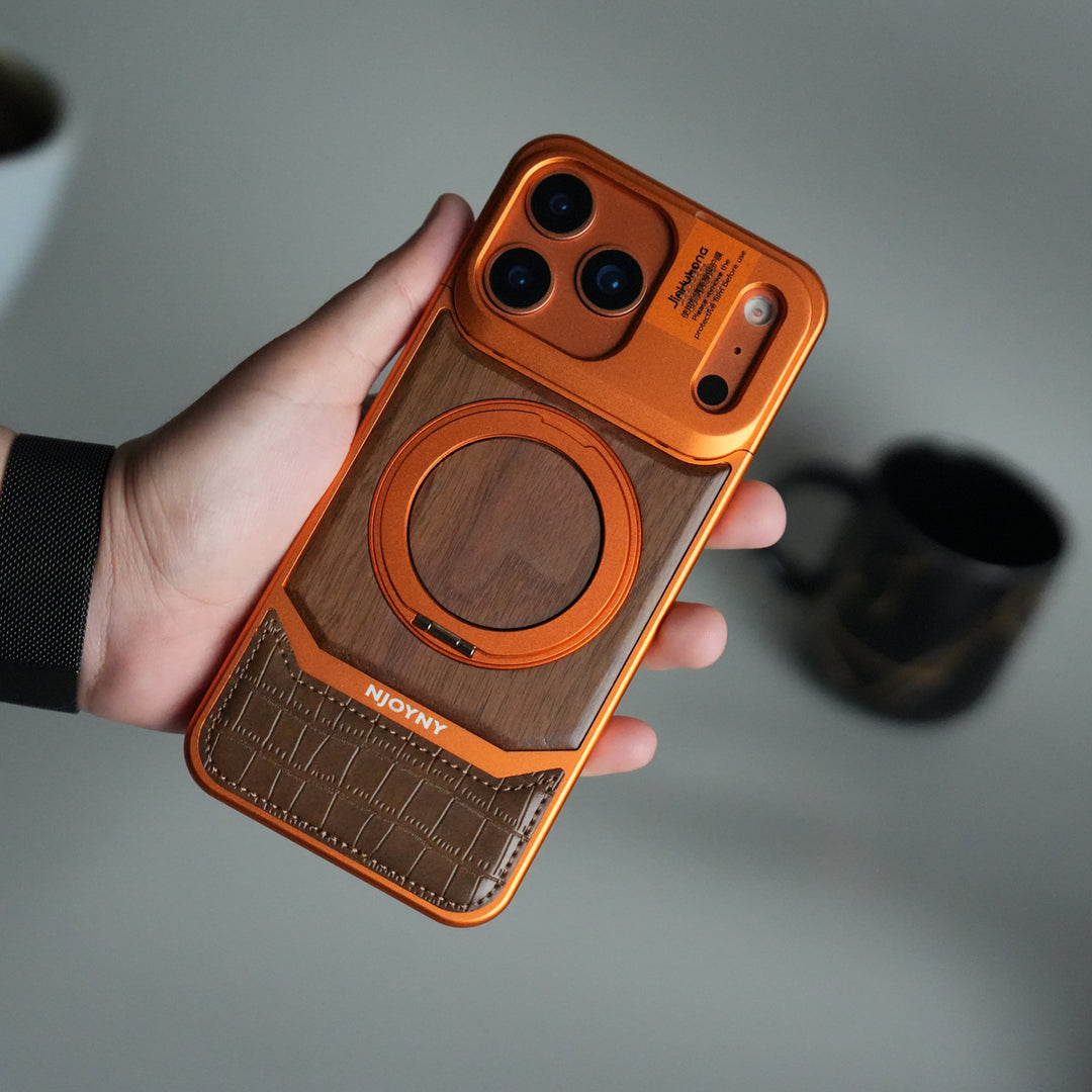 iPhone 17 Series Metallic Wood Leather AeroFLex Aluminium  Case With Rotating Stand