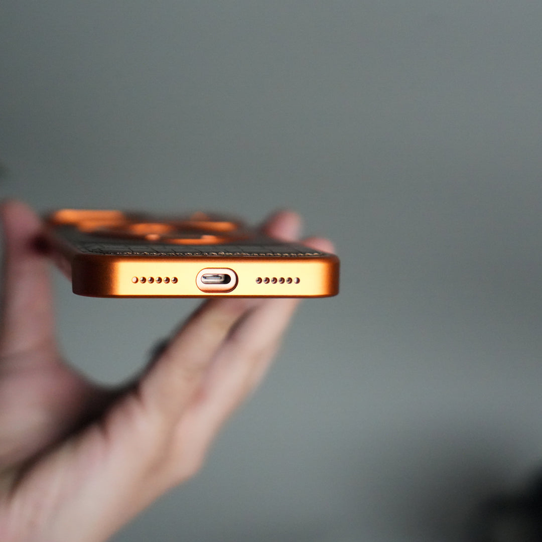 iPhone 17 Series Metallic Wood Leather AeroFLex Aluminium  Case With Rotating Stand